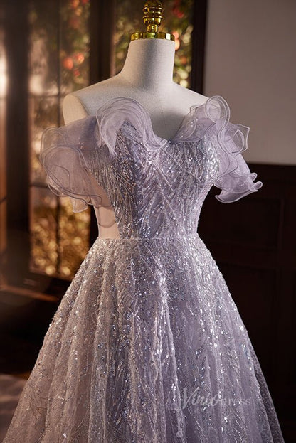 Shimmering Off the Shoulder Prom Dresses Beaded Sequin Evening Dress AD1055-prom dresses 2025 -Viniodress-Lavender-Custom Size-