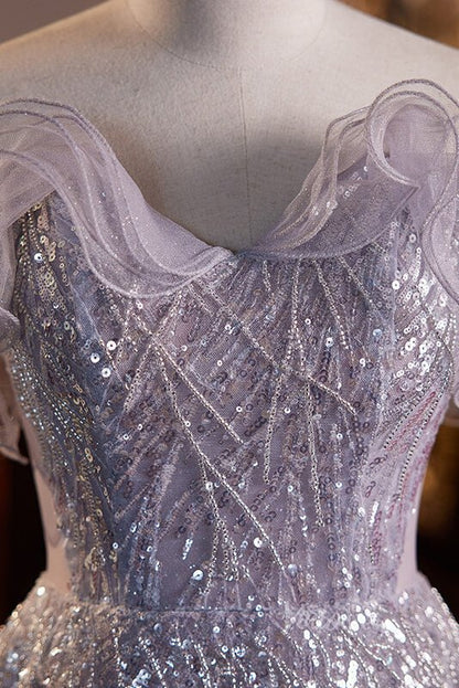 Shimmering Off the Shoulder Prom Dresses Beaded Sequin Evening Dress AD1055-prom dresses 2025 -Viniodress-Lavender-Custom Size-