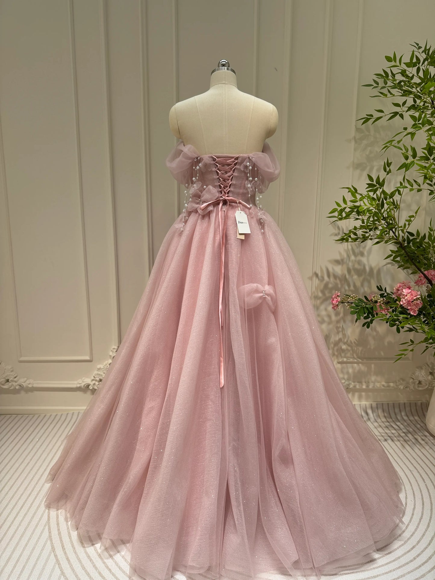 Shimmering Off the Shoulder Prom Dresses Bow-Tie Formal Dress with Pearl AD1051-prom dresses 2025 -Viniodress-Pink-Custom Size-