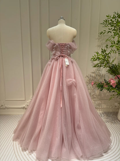 Shimmering Off the Shoulder Prom Dresses Bow-Tie Formal Dress with Pearl AD1051-prom dresses 2025 -Viniodress-Pink-Custom Size-