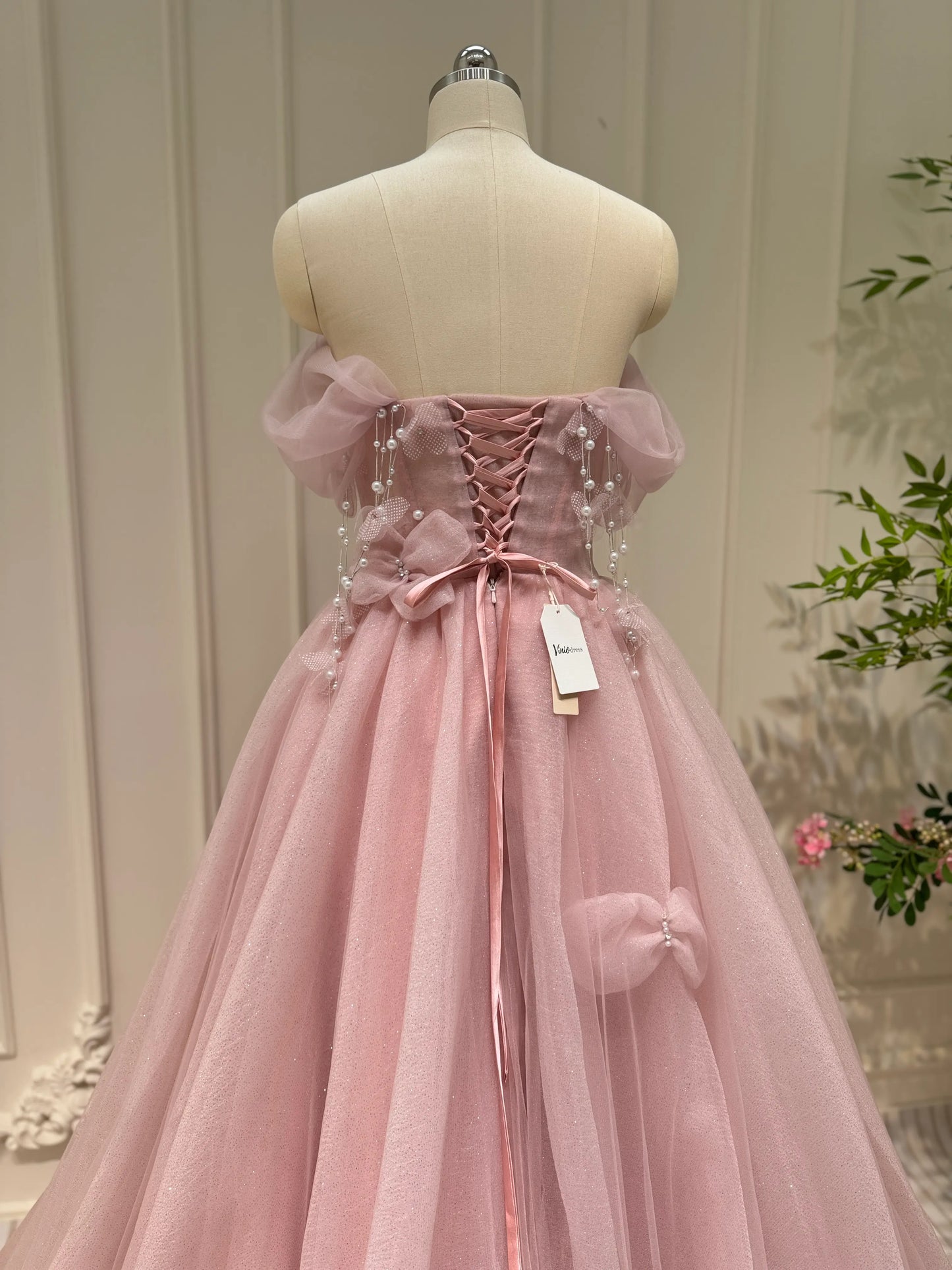Shimmering Off the Shoulder Prom Dresses Bow-Tie Formal Dress with Pearl AD1051-prom dresses 2025 -Viniodress-Pink-Custom Size-