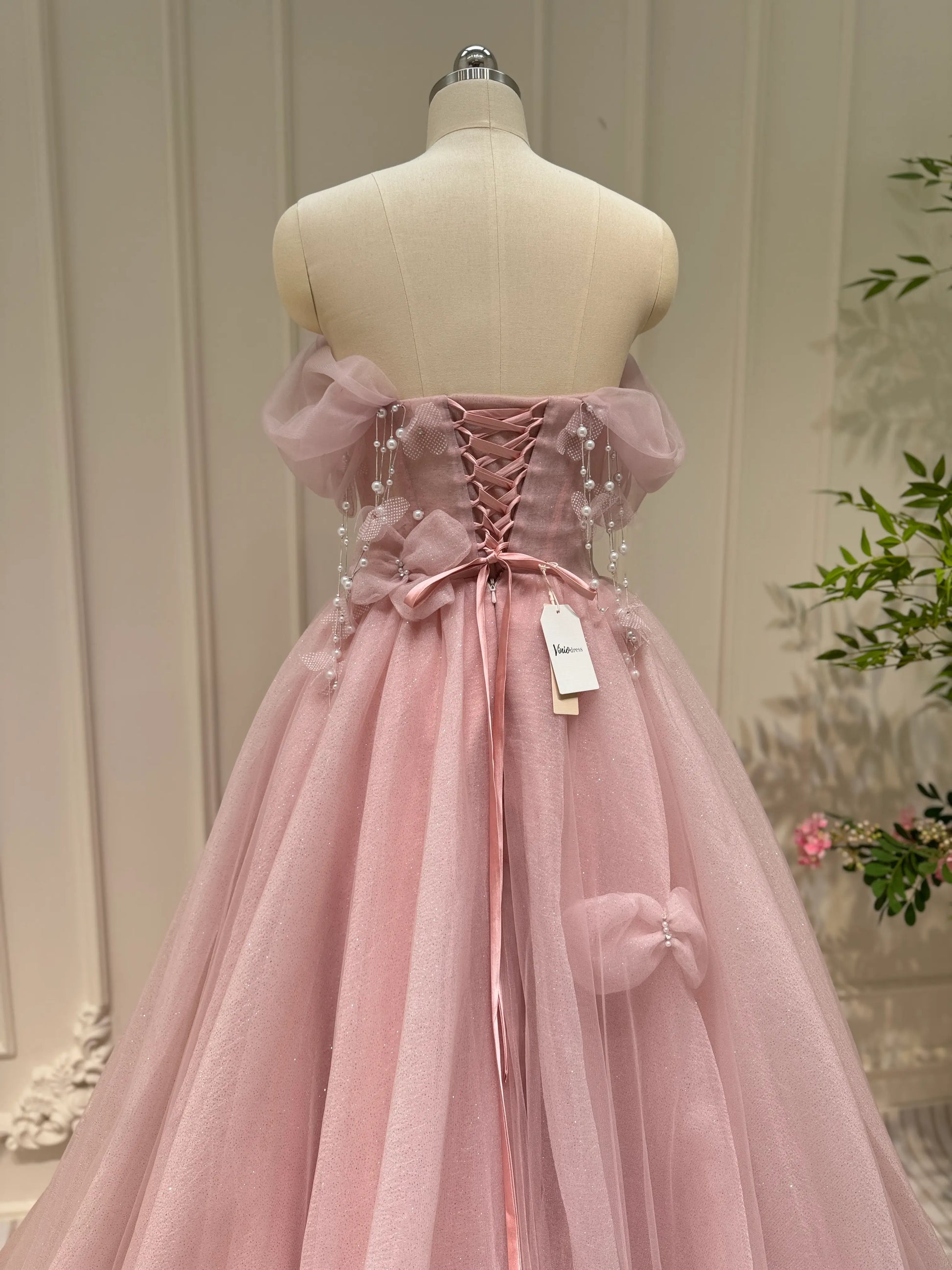Shimmering Off the Shoulder Prom Dresses Bow-Tie Formal Dress with Pearl AD1051-prom dresses 2025 -Viniodress-Pink-Custom Size-