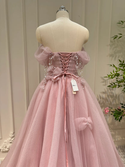 Shimmering Off the Shoulder Prom Dresses Bow-Tie Formal Dress with Pearl AD1051-prom dresses 2025 -Viniodress-Pink-Custom Size-