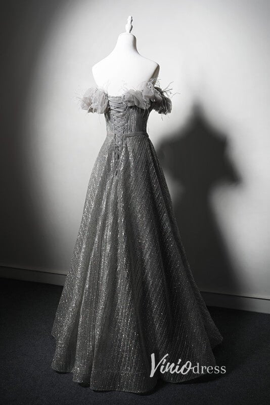 Shimmering Off the Shoulder Prom Dresses Grey Formal Dress AD1032-prom dresses 2025 -Viniodress-Grey-Custom Size-