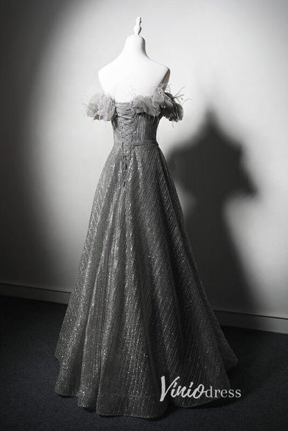 Shimmering Off the Shoulder Prom Dresses Grey Formal Dress AD1032-prom dresses 2025 -Viniodress-Grey-Custom Size-
