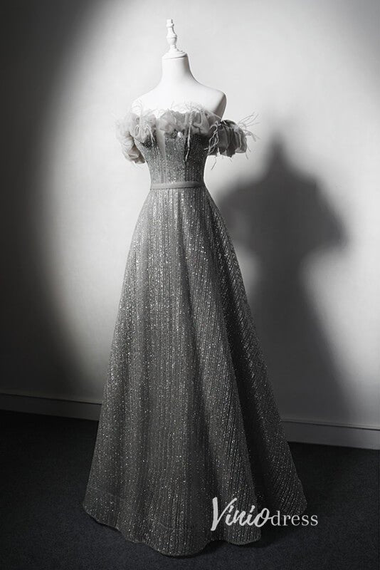 Shimmering Off the Shoulder Prom Dresses Grey Formal Dress AD1032-prom dresses 2025 -Viniodress-Grey-Custom Size-