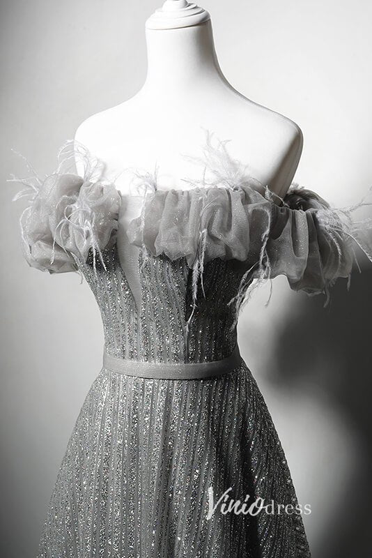 Shimmering Off the Shoulder Prom Dresses Grey Formal Dress AD1032-prom dresses 2025 -Viniodress-Grey-Custom Size-