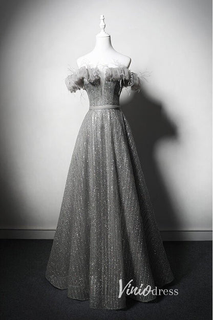 Shimmering Off the Shoulder Prom Dresses Grey Formal Dress AD1032-prom dresses 2025 -Viniodress-Grey-Custom Size-