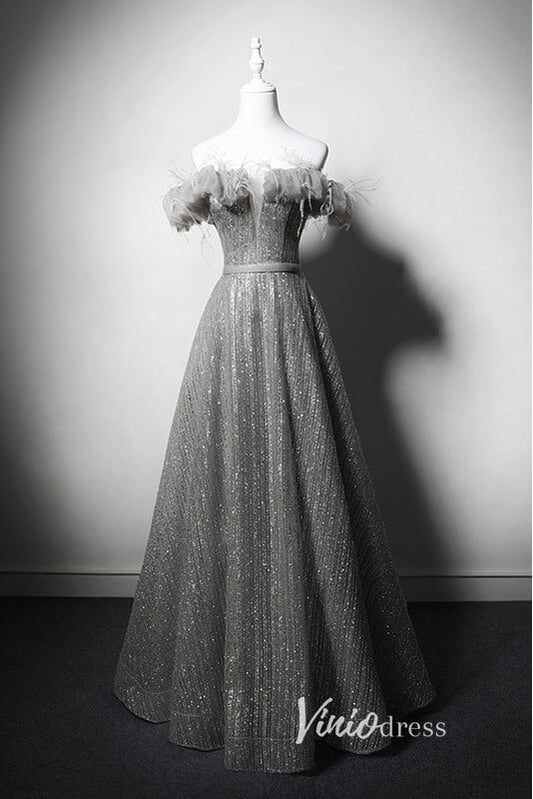 Shimmering Off the Shoulder Prom Dresses Grey Formal Dress AD1032-prom dresses 2025 -Viniodress-Grey-Custom Size-