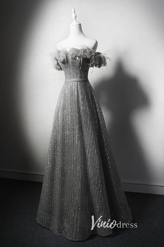 Shimmering Off the Shoulder Prom Dresses Grey Formal Dress AD1032-prom dresses-Viniodress-Viniodress