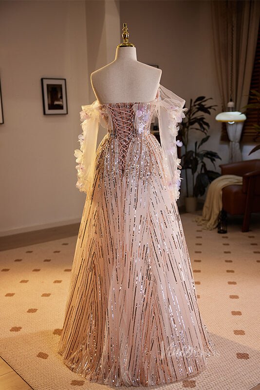 Shimmering Off the Shoulder Prom Dresses Sequin Long Sleeve Formal Dress AD1052-prom dresses 2025 -Viniodress-Pink-Custom Size-