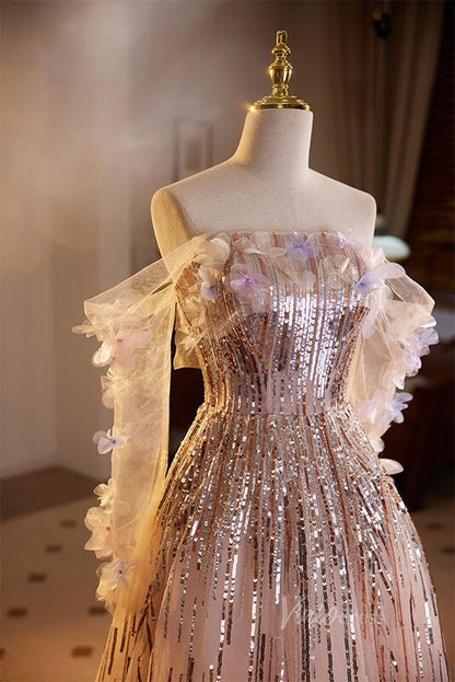 Shimmering Off the Shoulder Prom Dresses Sequin Long Sleeve Formal Dress AD1052-prom dresses 2025 -Viniodress-Pink-Custom Size-