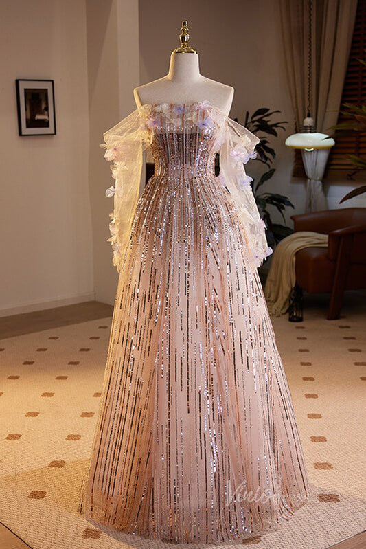 Shimmering Off the Shoulder Prom Dresses Sequin Long Sleeve Formal Dress AD1052-prom dresses 2025 -Viniodress-Pink-Custom Size-