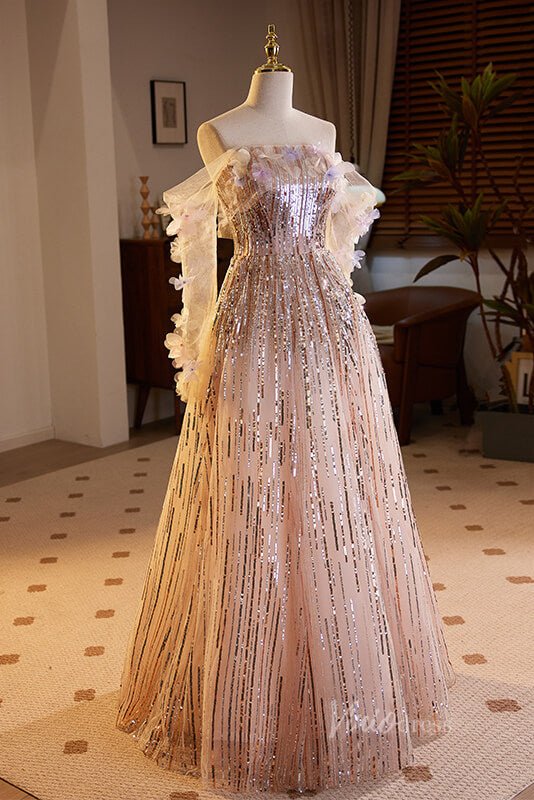 Shimmering Off the Shoulder Prom Dresses Sequin Long Sleeve Formal Dress AD1052-prom dresses 2025 -Viniodress-Pink-Custom Size-