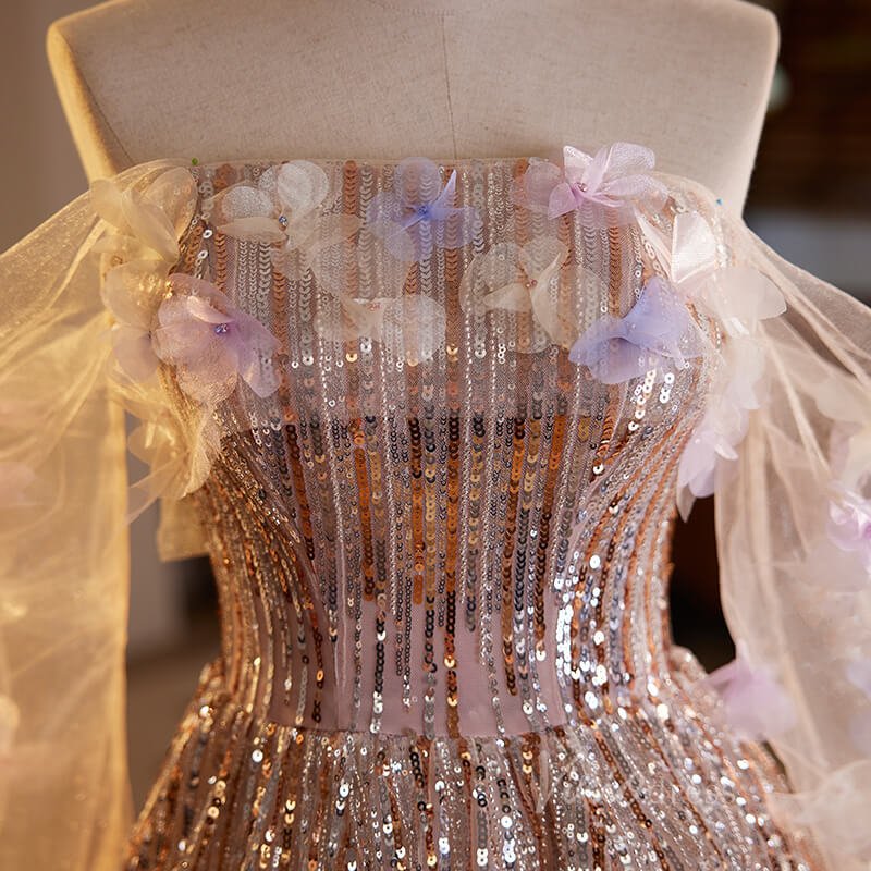 Shimmering Off the Shoulder Prom Dresses Sequin Long Sleeve Formal Dress AD1052-prom dresses 2025 -Viniodress-Pink-Custom Size-