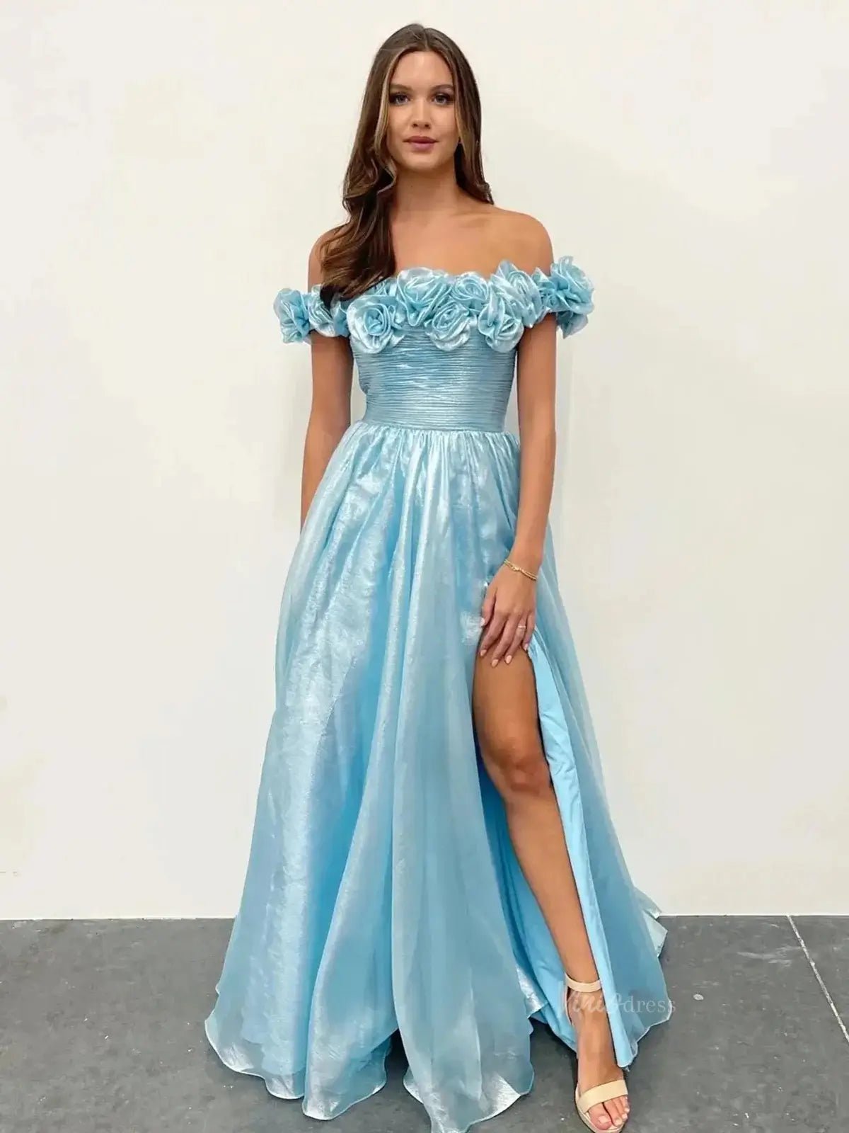 Shimmering Organza Prom Dresses 2025 3D Flower Ruched Bodice Formal Gown - FD5129-prom dresses 2025 -Viniodress-Light Blue-Custom Size-