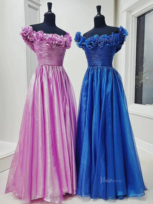 Shimmering Organza Prom Dresses 2025 3D Flower Ruched Bodice Formal Gown - FD5129-prom dresses 2025 -Viniodress-Custom Colors-Custom Size-