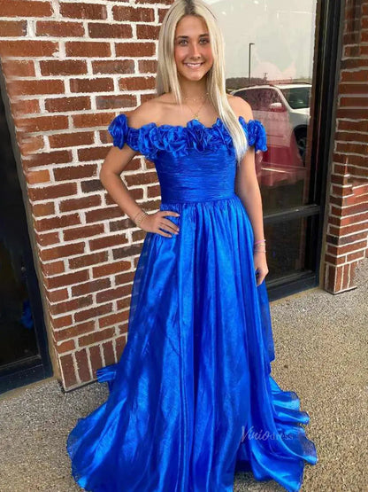 Shimmering Organza Prom Dresses 2025 3D Flower Ruched Bodice Formal Gown - FD5129-prom dresses 2025 -Viniodress-Royal Blue-Custom Size-