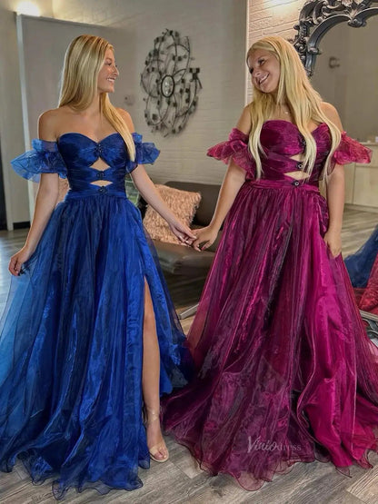 Shimmering Organza Prom Dresses 2025 Off the Shoulder Puffed Sleeve Formal Gown with Slit - FD5137-prom dresses 2025 -Viniodress-Custom Colors-Custom Size-