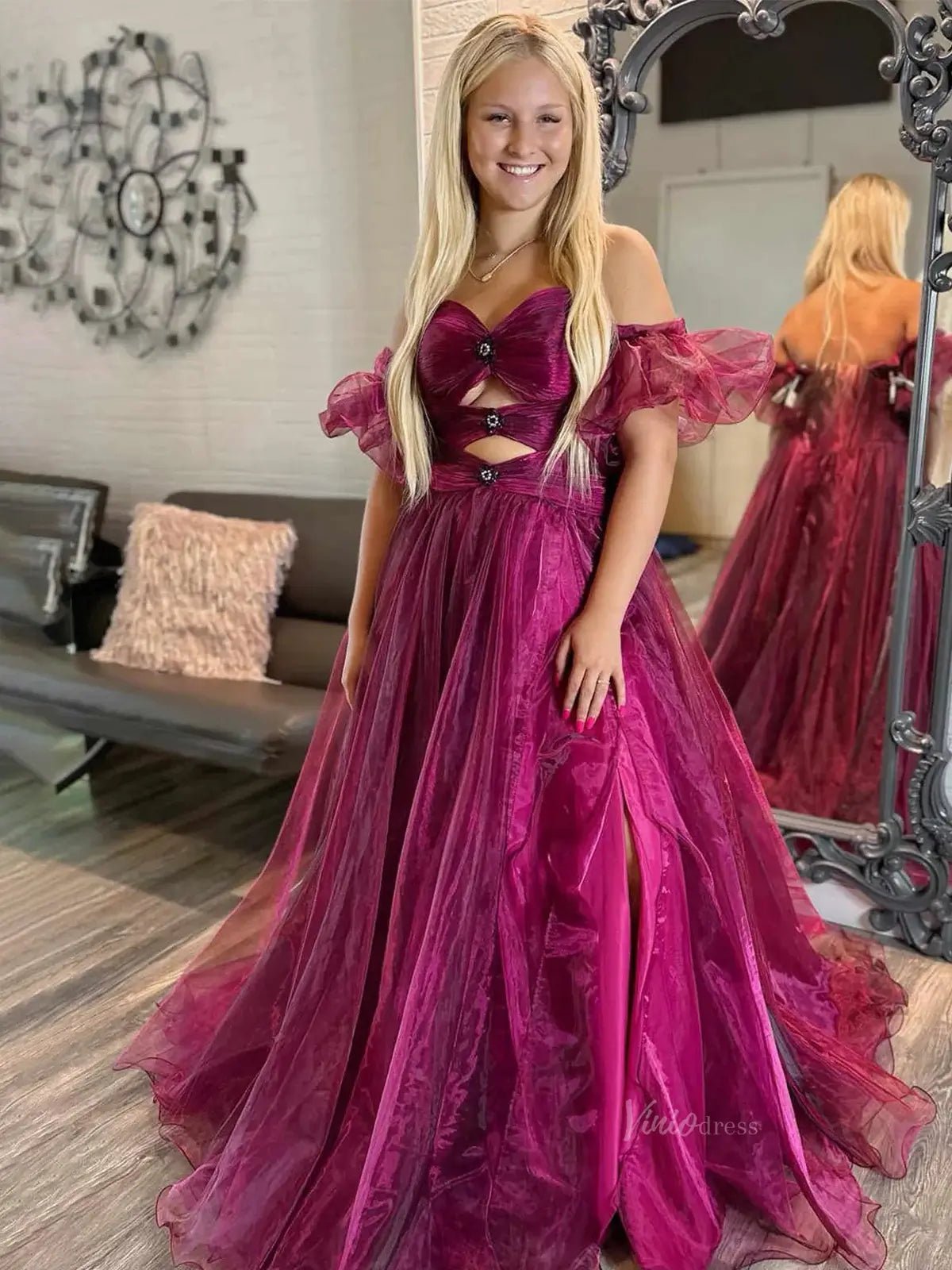 Shimmering Organza Prom Dresses 2025 Off the Shoulder Puffed Sleeve Formal Gown with Slit - FD5137-prom dresses 2025 -Viniodress-Magenta-Custom Size-