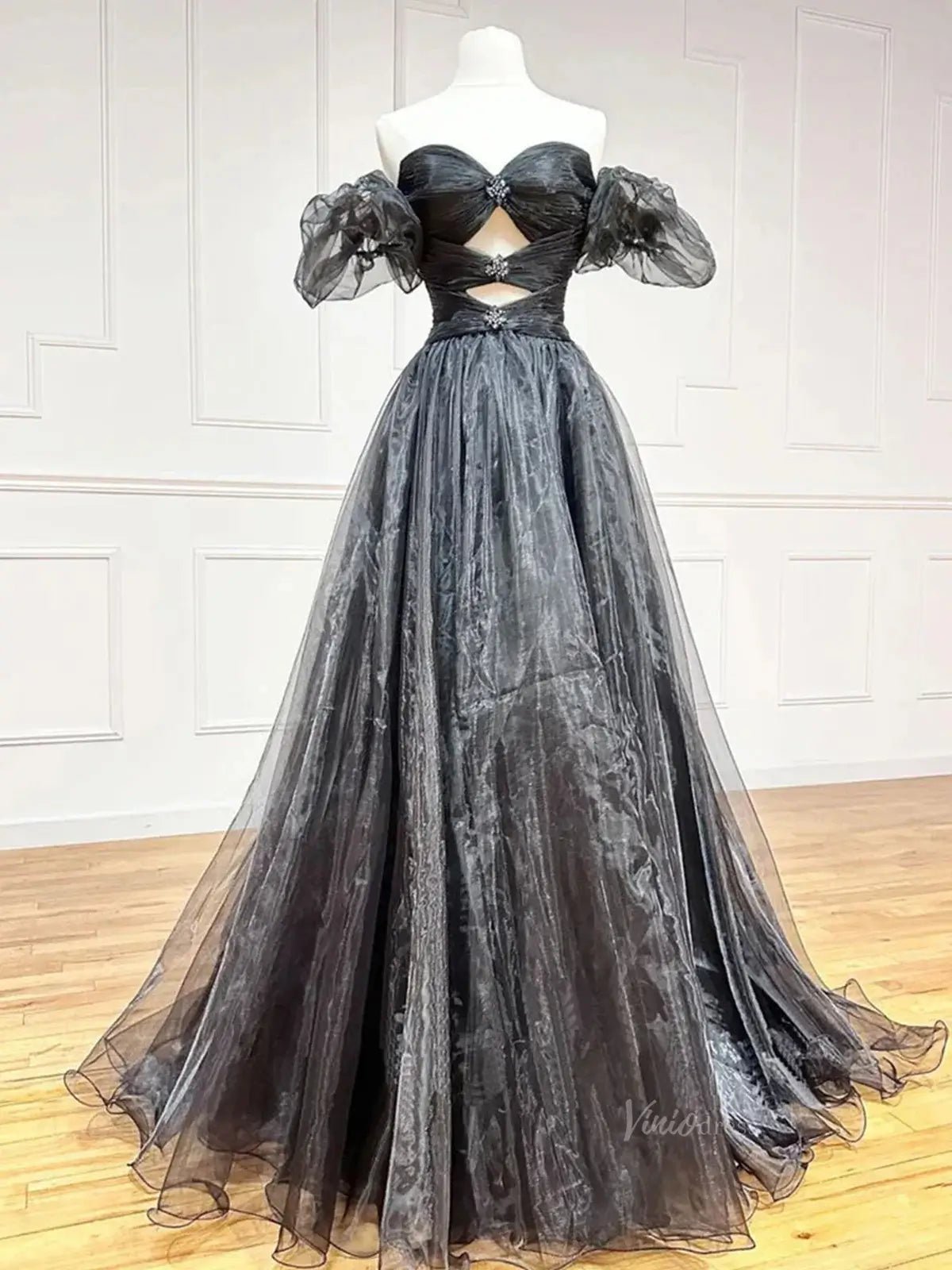 Shimmering Organza Prom Dresses 2025 Off the Shoulder Puffed Sleeve Formal Gown with Slit - FD5137-prom dresses 2025 -Viniodress-Black-Custom Size-