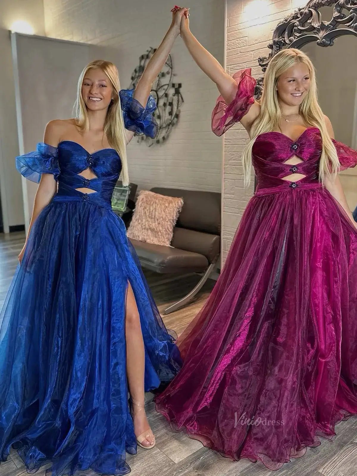 Shimmering Organza Prom Dresses 2025 Off the Shoulder Puffed Sleeve Formal Gown with Slit - FD5137-prom dresses 2025 -Viniodress-Custom Colors-Custom Size-
