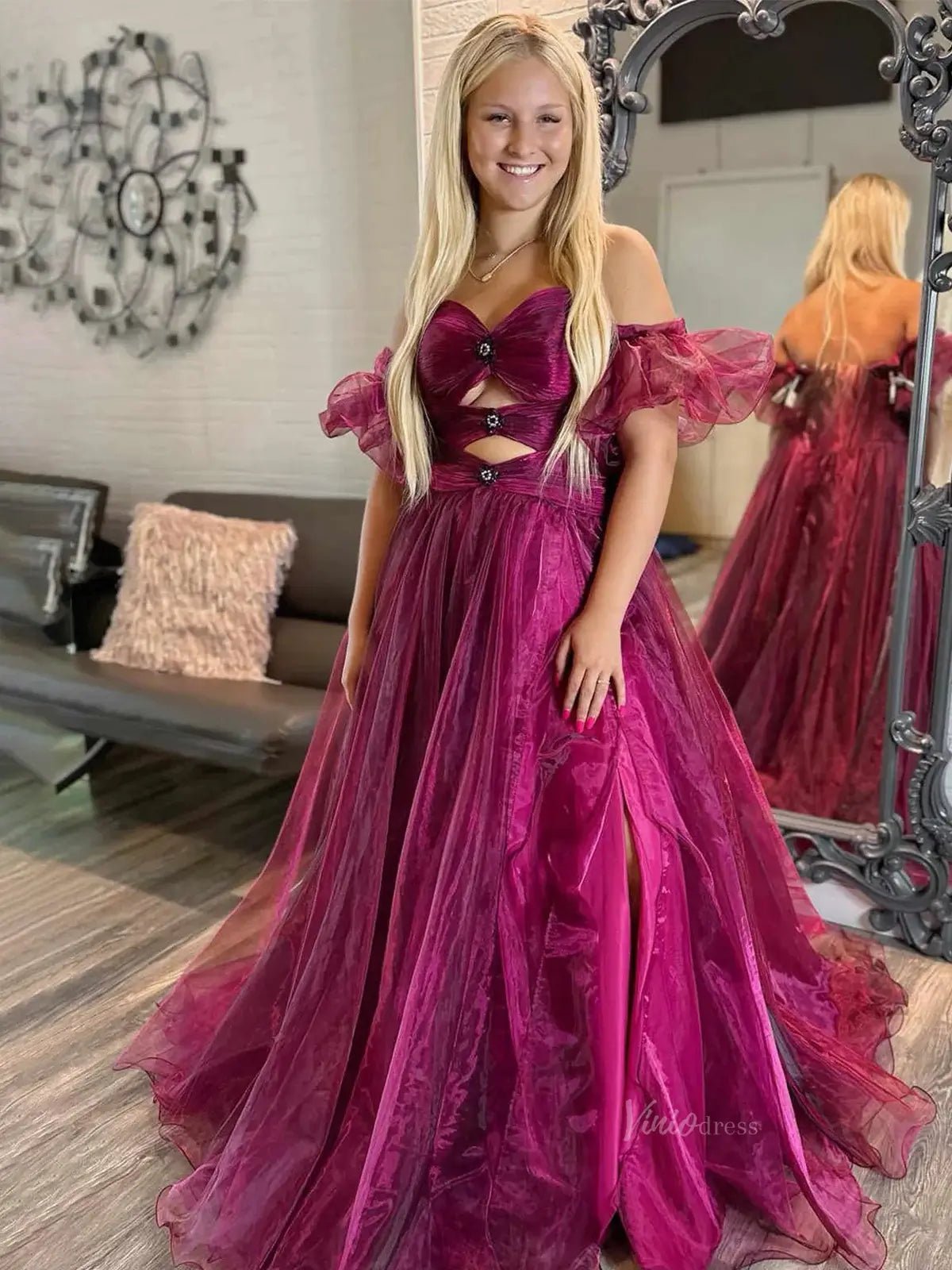 Shimmering Organza Prom Dresses 2025 Off the Shoulder Puffed Sleeve Formal Gown with Slit - FD5137 - Viniodressprom dressesMagentaCustom Size - Formal Dresses - Ball Gowns