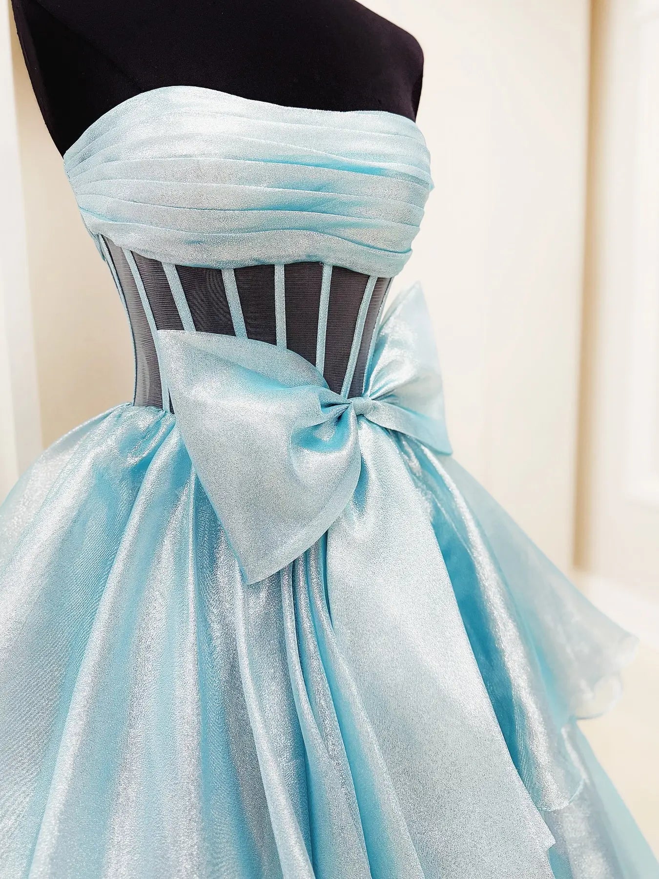 Shimmering Organza Strapless Prom Dress with Slit, Tiered Bottom & Bow – Style FD5194-prom dresses 2025 -Viniodress-Blue-Custom Size-