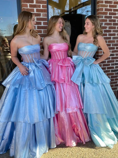 Shimmering Organza Strapless Prom Dress with Slit, Tiered Bottom & Bow – Style FD5194-prom dresses 2025 -Viniodress-Blue-Custom Size-