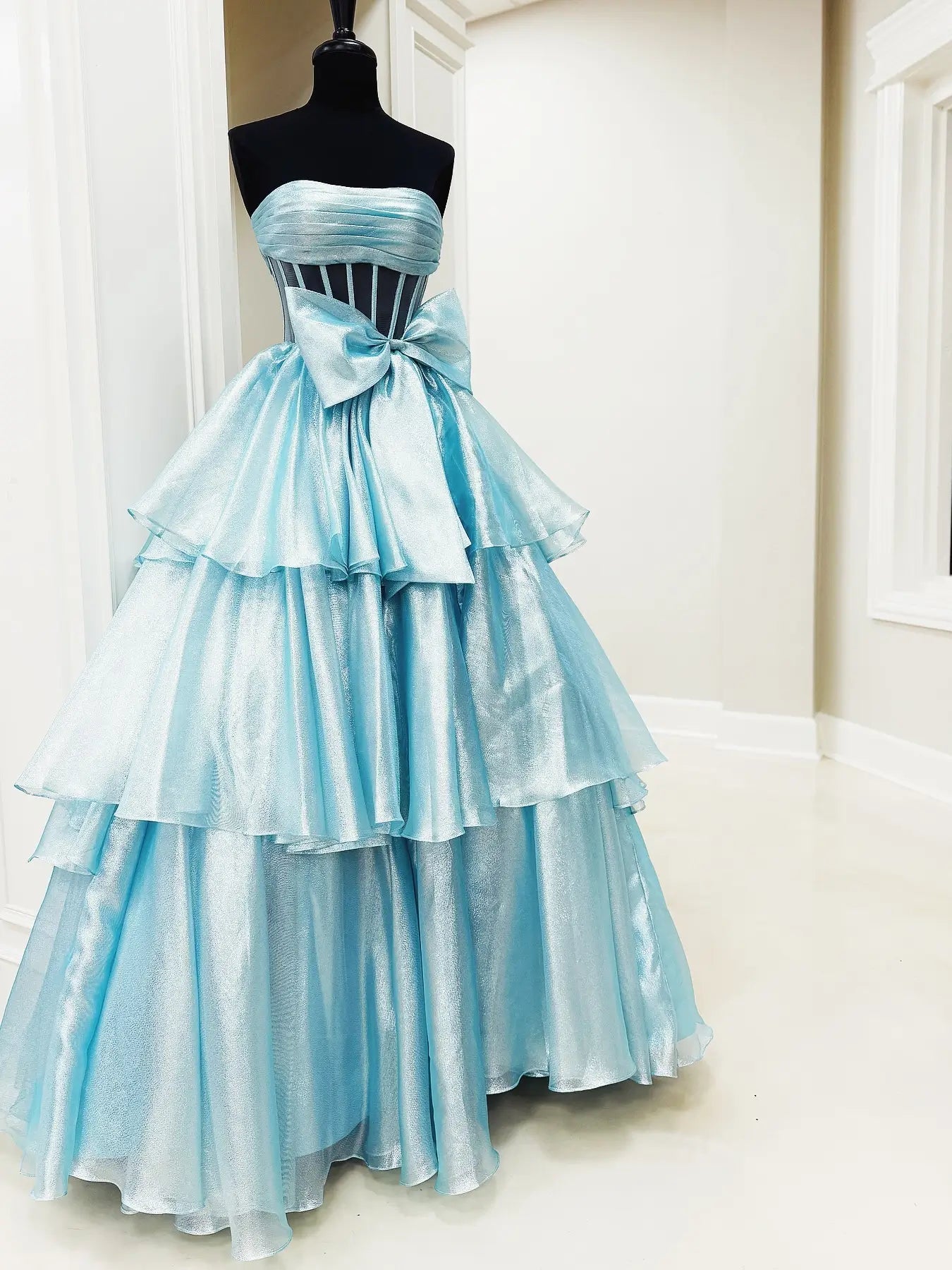 Shimmering Organza Strapless Prom Dress with Slit, Tiered Bottom & Bow – Style FD5194-prom dresses 2025 -Viniodress-Blue-Custom Size-