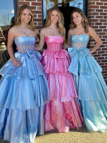 Shimmering Organza Strapless Prom Dress with Slit, Tiered Bottom & Bow – Style FD5194-prom dresses 2025 -Viniodress-Custom Colors-Custom Size-