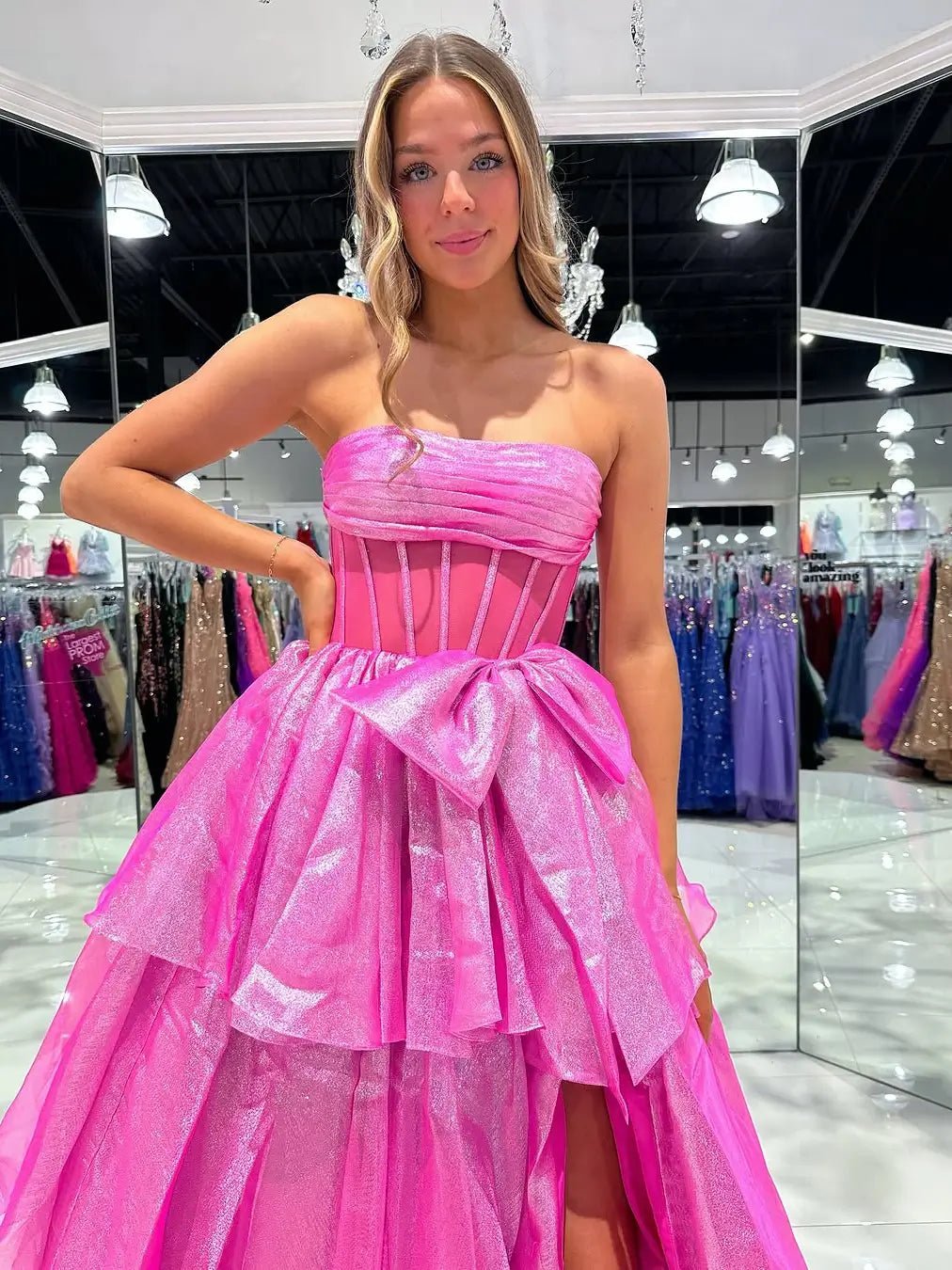 Shimmering Organza Strapless Prom Dress with Slit, Tiered Bottom & Bow – Style FD5194-prom dresses 2025 -Viniodress-Pink-Custom Size-