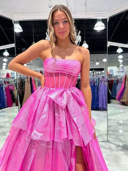 Shimmering Organza Strapless Prom Dress with Slit, Tiered Bottom & Bow – Style FD5194-prom dresses 2025 -Viniodress-Pink-Custom Size-