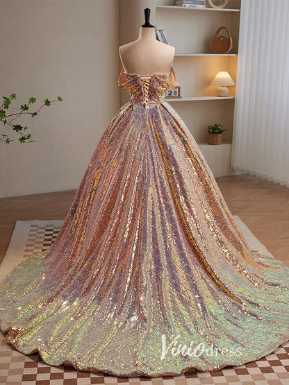 Shimmering Pink Off the Shoulder Prom Dresses Sequin Evening Dress AD1009-prom dresses 2025 -Viniodress-Pink-Custom Size-
