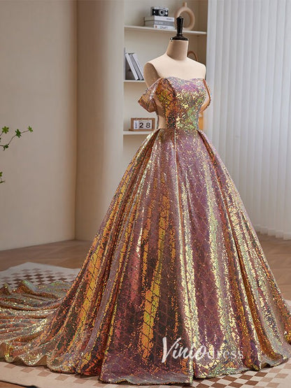 Shimmering Pink Off the Shoulder Prom Dresses Sequin Evening Dress AD1009-prom dresses 2025 -Viniodress-Pink-Custom Size-