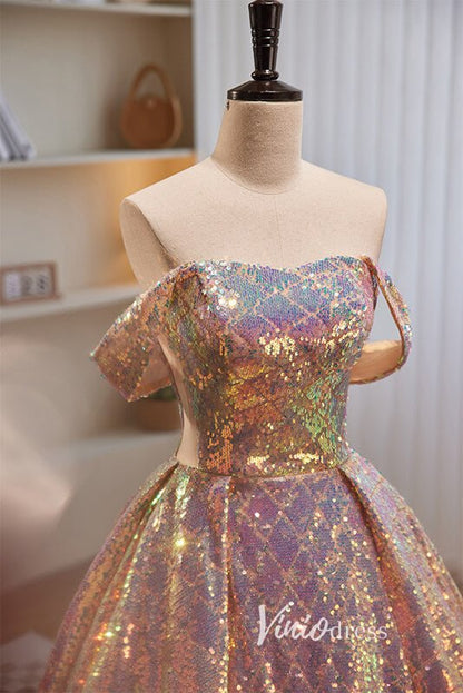 Shimmering Pink Off the Shoulder Prom Dresses Sequin Evening Dress AD1009-prom dresses 2025 -Viniodress-Pink-Custom Size-