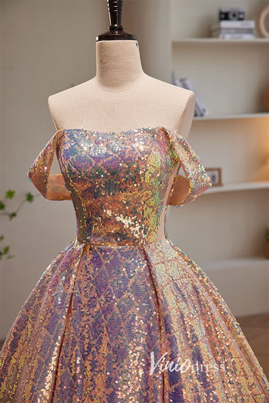 Shimmering Pink Off the Shoulder Prom Dresses Sequin Evening Dress AD1009-prom dresses 2025 -Viniodress-Pink-Custom Size-