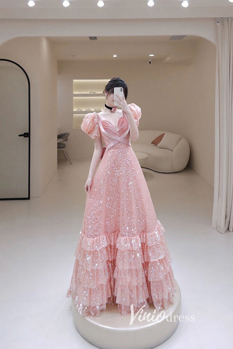 Shimmering Pink Prom Dresses Puff Sleeve Beaded Ruffle Ball Gowns FD1504-prom dresses 2025 -Viniodress-Pink-Custom Size-