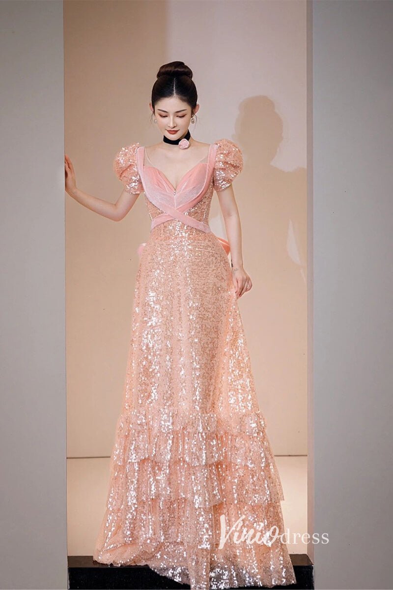 Shimmering Pink Prom Dresses Puff Sleeve Beaded Ruffle Ball Gowns FD1504-prom dresses 2025 -Viniodress-Pink-Custom Size-