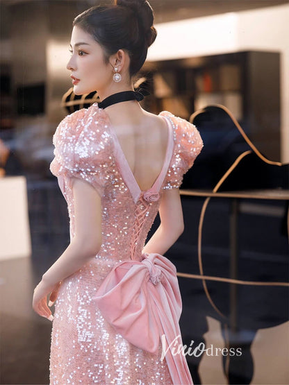 Shimmering Pink Prom Dresses Puff Sleeve Beaded Ruffle Ball Gowns FD1504-prom dresses 2025 -Viniodress-Pink-Custom Size-