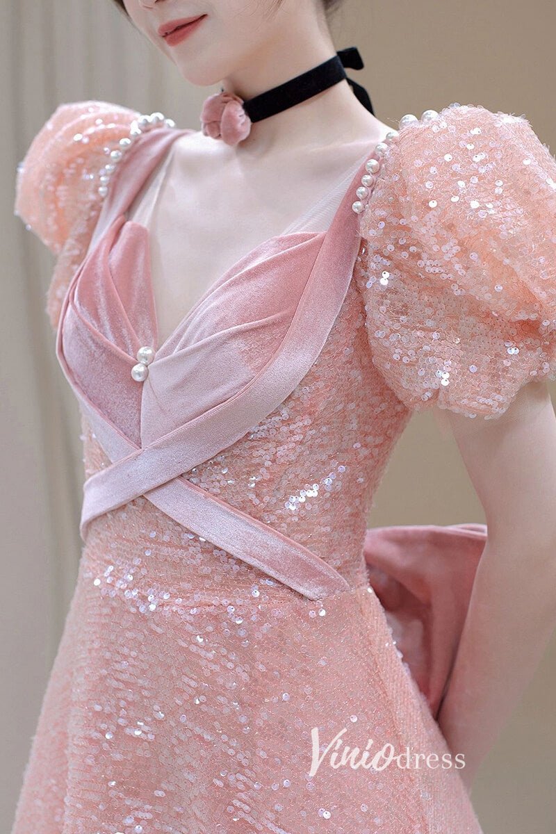 Shimmering Pink Prom Dresses Puff Sleeve Beaded Ruffle Ball Gowns FD1504-prom dresses 2025 -Viniodress-Pink-Custom Size-