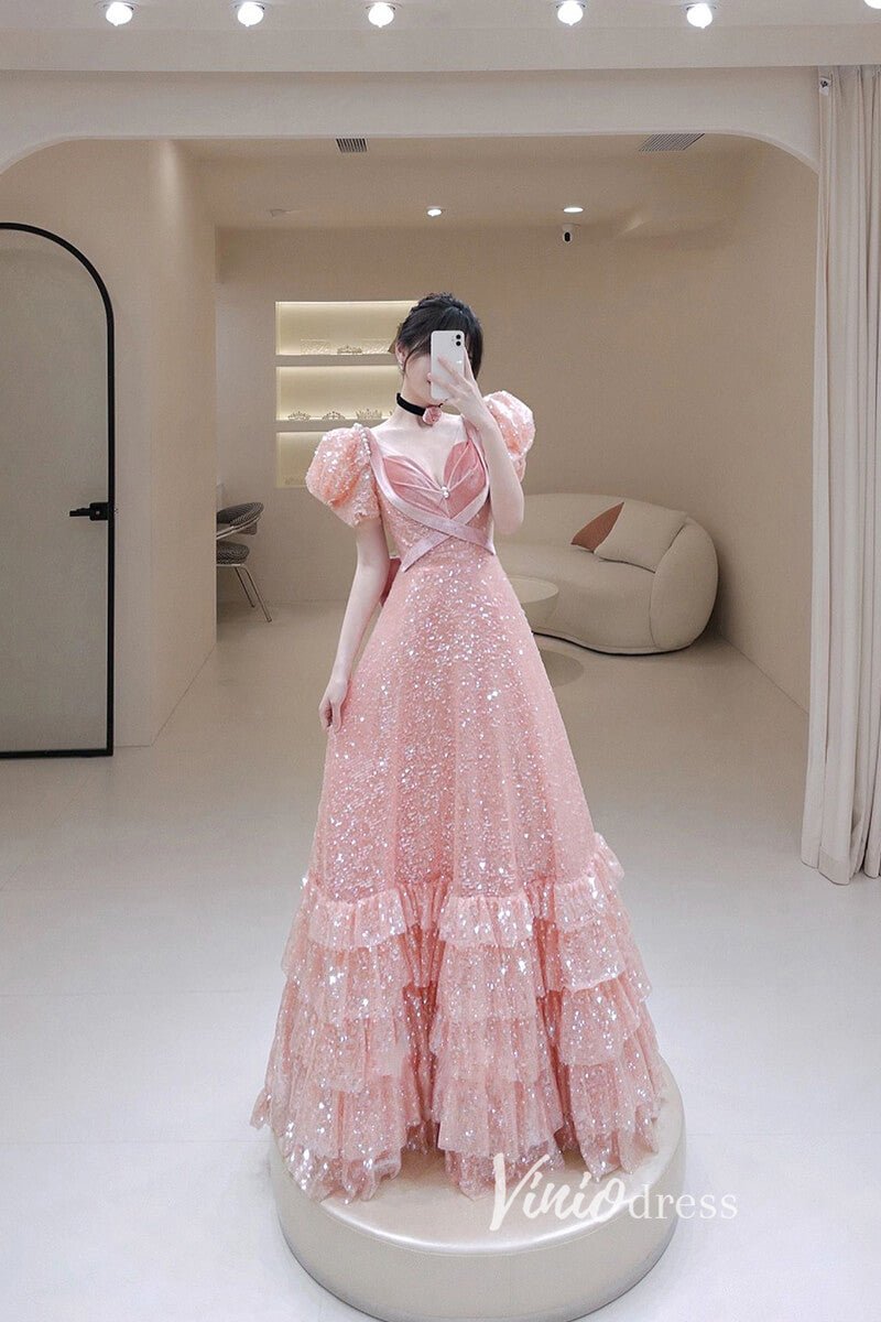 Shimmering Pink Prom Dresses Puff Sleeve Beaded Ruffle Ball Gowns FD1504 - Viniodressprom dressesPinkCustom Size - Formal Dresses - Ball Gowns