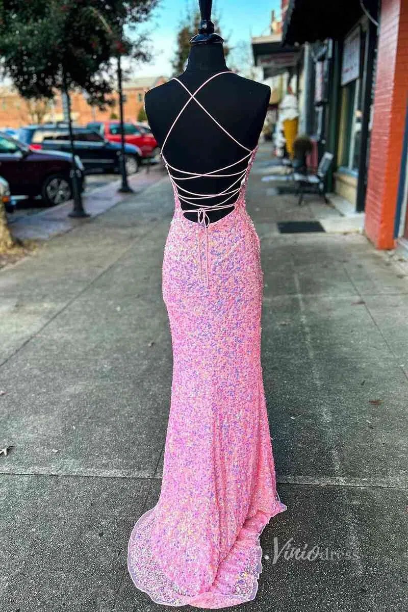 Shimmering Pink Sequin Mermaid Prom Dress with Spaghetti Straps and High Slit FD3461 - Viniodressprom dressesPinkCustom Size - Formal Dresses - Ball Gowns