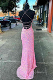 Shimmering Pink Sequin Mermaid Prom Dress with Spaghetti Straps and High Slit FD3461-prom dresses-Viniodress-Viniodress