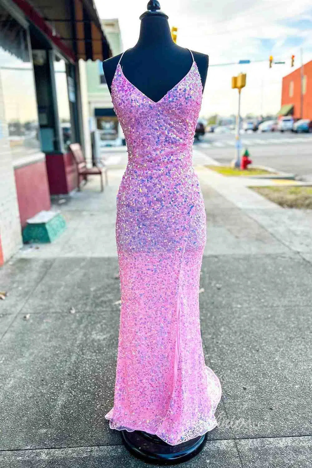 Shimmering Pink Sequin Mermaid Prom Dress with Spaghetti Straps and High Slit FD3461-prom dresses-Viniodress-Viniodress