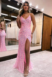 Shimmering Pink Sequin Mermaid Prom Dress with Spaghetti Straps and High Slit FD3461-prom dresses-Viniodress-Pink-Custom Size-Viniodress