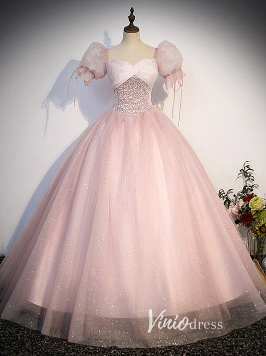 Shimmering Pink Sparkly Tulle Prom Dresses with Puffed Sleeve FD3516-prom dresses 2025 -Viniodress-Pink-Custom Size-