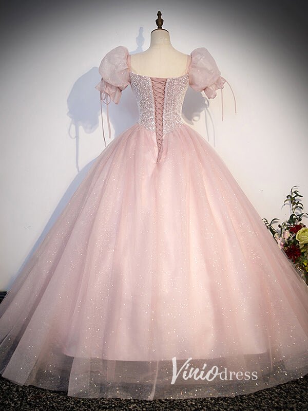 Shimmering Pink Sparkly Tulle Prom Dresses with Puffed Sleeve FD3516 - Viniodressprom dressesPinkCustom Size - Formal Dresses - Ball Gowns