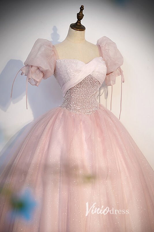 Shimmering Pink Sparkly Tulle Prom Dresses with Puffed Sleeve FD3516 - Viniodressprom dressesPinkCustom Size - Formal Dresses - Ball Gowns