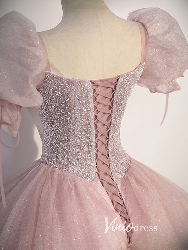 Shimmering Pink Sparkly Tulle Prom Dresses with Puffed Sleeve FD3516 - Viniodressprom dressesPinkCustom Size - Formal Dresses - Ball Gowns